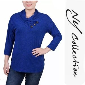 NY Collection - 3/4 Sleeve Crossover Cowl Neck Blue Top